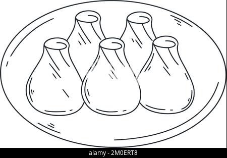 Dim-Sum-Doodle-Illustration. Asiatischer Nahrungsvektor. Skizze mit traditioneller chinesischer Geschirrtinte auf weißem Hintergrund. Portion gefüllte chinesische Knödel Stock Vektor