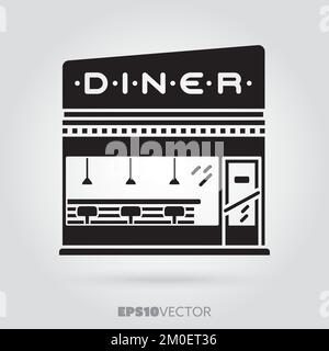 Ein amerikanisches Diner-Glyphe-Symbol. Süßes kleines Restaurantsymbol. Massives schwarzes EPS 10-Vektorgebäude mit Snackbar. Stock Vektor