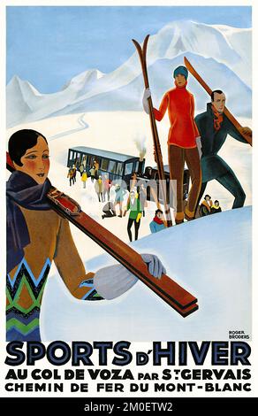 Sports d'hiver au col de Voza Par St. Gervais. Chemin de fer du Mt. Blanc von Roger Broders (1883-1953). Poster wurde 1930 in Frankreich veröffentlicht. Stockfoto