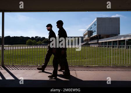 Frankreich, Bretagne, Coetquidan, Guer auf 2021-09-23. Bericht über die Ausbildung der Militärschule InterArms in Saint-Cyr Coetquidan in Morbihan. Das EM Stockfoto