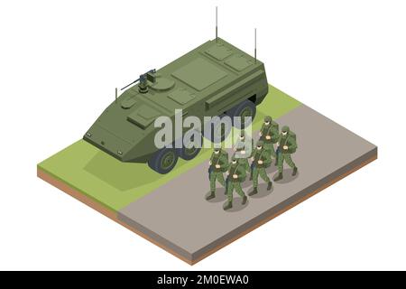 Isometrische Soldaten gehen in die Nähe eines gepanzerten Personentransporters. Spezialeinheit. Militärisches Konzept für Armee, Soldaten und Krieg. Infanterie-Kampffahrzeug Stock Vektor