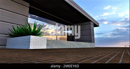 Broun Ziegelsteinpflaster in der Nähe der Veranda mit Pflanzen und einer großen Glastür. Aluminiumfassade. 3D-Rendering. Stockfoto