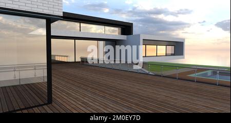 Holzterrasse im modernen Elite-Haus. Verlegbarer Glaszaun mit Stahlgeländer. Atemberaubender Sonnenuntergang hinter den Wolken. 3D-Rendering. Stockfoto