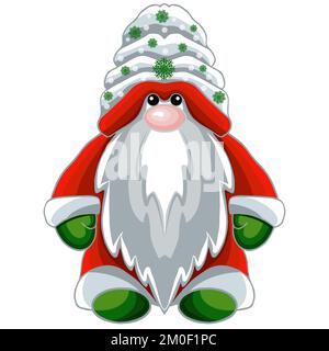 Süßer Cartoon-Weihnachtszwerg in einer weißen Mütze mit einem Muster aus grünen Schneeflocken. JPEG-Abbildung für Aufkleber, Erstellen von Mustern, Hintergrundbild. Stockfoto