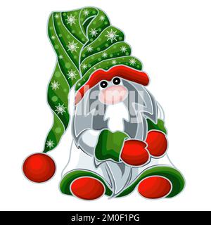 Süßer Cartoon-Weihnachtszwerg in grüner Mütze mit einem Muster aus weißen Schneeflocken. JPEG-Abbildung für Aufkleber, Erstellen von Mustern, Hintergrundbild. Stockfoto