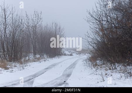 Winterlicher Schneefall auf der Straße. Eine leere Landstraße ohne Autos, bedeckt mit Schneeverwehungen. Reisen Sie bei schlechtem Wetter. Winter wolkige Landschaft mit einer Landstraße. T Stockfoto