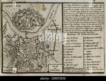 7 Jahre Krieg (1756-1763). Karte von Dresden, 1760. Die Belagerung von Dresden (Juli 1760) fand während des Dritten Schlesianischen Krieges statt. Die preußische Armee unter dem Kommando von Friedrich dem Großen belagerte die Stadt erfolglos. Veröffentlicht im Jahr 1765 vom Kartografen Jean de Beaurain (1696-1771) als Illustration seiner Großen Karte Deutschlands mit den Ereignissen, die während des Siebenjährigen Krieges stattfanden. Gravur. Französische Ausgabe, 1765. Militärhistorische Bibliothek von Barcelona (Biblioteca Histórico Militar de Barcelona). Katalonien. Spanien. Stockfoto