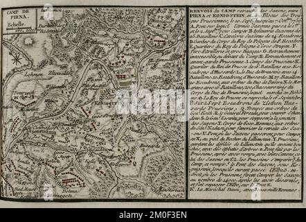 7 Jahre Krieg (1756-1763). Karte des Lagers in Pirna, 1756. Es zeigt die Brücke, die die sächsische Armee am 1.. Und 2.. September in Pirna zum Überqueren der Elbe benutzte. Und zeigt die Positionen der Truppen, angeführt von Friedrich dem Großen (König von Preußen), dem König von Polen, dem Herzog von Brunswick, Herzog von Bevern, General Forcade, Marschall Keith, Marschall Browne und Prinz Maurice, während der fünf Wochen auf beiden Seiten der Elbe. Veröffentlicht im Jahr 1765 vom Kartografen Jean de Beaurain (1696-1771) als Illustration seiner Großen Karte Deutschlands mit den Ereignissen, die während der Sieben stattfanden Stockfoto