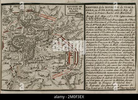 7 Jahre Krieg (1756-1763). Karte der Schlacht von Prag (6. Mai 1757). Die preußische Armee von Friedrich dem Großen besiegte eine Armee des Heiligen Römischen Reiches, angeführt von Karl von Lothringen. Veröffentlicht im Jahr 1765 vom Kartografen Jean de Beaurain (1696-1771) als Illustration seiner Großen Karte Deutschlands mit den Ereignissen, die während des Siebenjährigen Krieges stattfanden. Ätzen und Gravieren. Französische Ausgabe, 1765. Militärhistorische Bibliothek von Barcelona (Biblioteca Histórico Militar de Barcelona). Katalonien. Spanien. Stockfoto