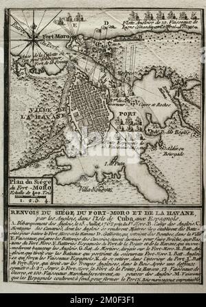 7 Jahre Krieg (1756-1763). Karte der Belagerung von Fort Morro, 1762. Insel Kuba. Gefangennahme von Havanna. Die englischen Truppen griffen die spanische Verteidigung an, als sie in einen Konflikt mit der spanischen Krone gerieten, nach dem Bündnis Spaniens mit Frankreich, Englands Feind. Die britischen Truppen landeten am 13. Juli 1762 auf der Insel und eroberten sie im August. Veröffentlicht im Jahr 1765 vom Kartografen Jean de Beaurain (1696-1771) als Illustration seiner Großen Karte Deutschlands mit den Ereignissen, die während des Siebenjährigen Krieges stattfanden. Gravur. Französische Ausgabe, 1765. Militärhistorische Bibliothek von Barcelona (Bibliote Stockfoto