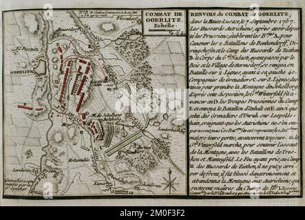 7 Jahre Krieg (1756-1763). Karte der Schlacht von Görlitz (7. September 1757). Episode, die während der Schlacht von Moys stattfand, als Teil des Dritten Schlesischen Krieges. Eine preußische Armee unter dem Kommando von Hans Karl von Winterfeldt wurde von österreichischen Streitkräften unter Marschall Daun besiegt. Das gesamte preußische Korps hat sich den Österreichern ergeben. Veröffentlicht im Jahr 1765 vom Kartografen Jean de Beaurain (1696-1771) als Illustration seiner Großen Karte Deutschlands mit den Ereignissen, die während des Siebenjährigen Krieges stattfanden. Ätzen und Gravieren. Französische Ausgabe, 1765. Militärische historische Bibliothek von Barcelona (Bibliot Stockfoto