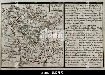 7 Jahre Krieg (1756-1763). Karte der preußischen Truppenblockade in Prag, 1757. Belagert vom preußischen König Frederick dem Großen vom 7.. Mai 1757. Die Blockade dauerte 42 Tage. In der Zwischenzeit marschierte eine österreichische Armee unter dem Kommando von Marschall Daun zu Hilfe der Belagerten. Frederick der große beschloss, die Armee des Herzog von Bevern zu mobilisieren, um Dauns Armee abzuschneiden. Am 8. Juni befahl Kaunitz Daun, die Operation zur Befreiung von Prag einzuleiten, und die Truppen begannen am 12. Juni mit ihrem Vormarsch. Veröffentlicht 1765 vom Kartografen Jean de Beaurain (1696-1771) als Illustration seines G Stockfoto