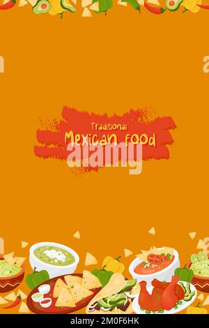 Traditionelles mexikanisches Essen. Nahtloser vertikaler Rand mit lateinamerikanischen Dellys Quesadilla, Taco, Guacamole mit Nachos, Grün- und Tomatensuppe, Achiote C. Stock Vektor