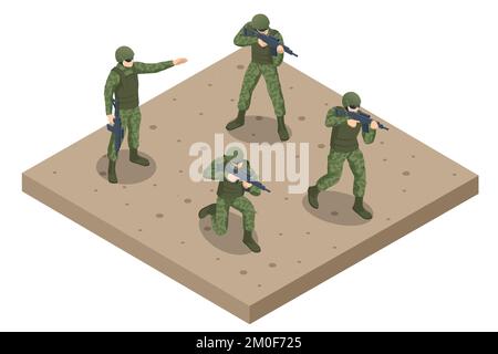 Isometrische Angriffssoldaten. Spezialeinheit. Militärisches Konzept für Armee, Soldaten und Krieg. Ein Soldat mit einem Gewehr Stock Vektor