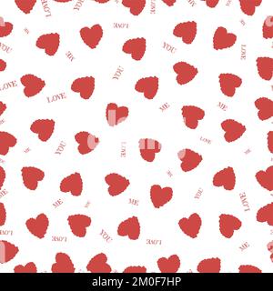 Wiederholte rote Herzen auf weißem Hintergrund mit Worten wie du, ich, Liebe. Süßes, nahtloses Muster für den Valentinstag. Endloser romantischer Aufdruck. Stock Vektor