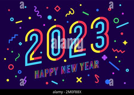 2023, Frohes neues Jahr. Grußkarte mit Aufschrift Happy New Year 2023. Leuchtender geometrischer Stil für ein frohes neues Jahr oder Frohe Weihnachten. Urlaubshintergrund, Banner, Poster. Vektordarstellung Stock Vektor