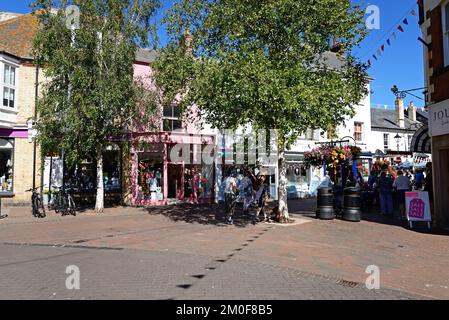 Traditionelle Läden und Einkaufsmöglichkeiten entlang der Old Fore Street im Stadtzentrum, Sidmouth, Devon, Großbritannien, Europa. Stockfoto