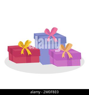 Vektorgrafik drei Geschenkboxen in Rot, Scharlach und Violett mit goldenen und pinkfarbenen Bändern Stock Vektor