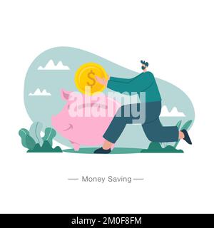 Geld sparen Konzept Illustration. Man spart Geld in Sparschwein. Geeignet für Web, Banner, Poster und Landing Page. Stock Vektor