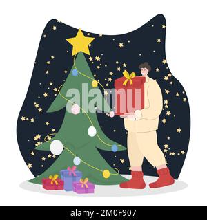 Vektorbildnerin, die sich auf das neue Jahr vorbereitet, bringt Geschenke unter den Weihnachtsbaum Stock Vektor