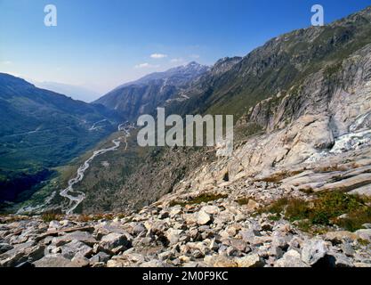 Blick vom Rhone-Gletscher in das Tal von 1989, Schweiz, Wallis Stockfoto