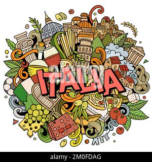 Italia handgezeichnete Cartoon-Kritzeleien Illustration. Witziges Reisedesign. Stock Vektor