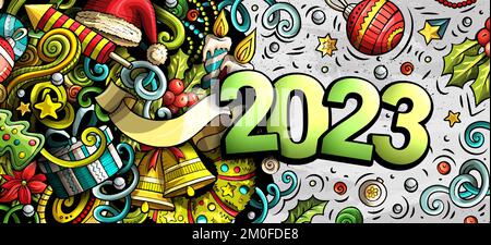 Horizontale Abbildung: 2023 Kritzel. Banner für Objekte und Elemente im neuen Jahr Stock Vektor