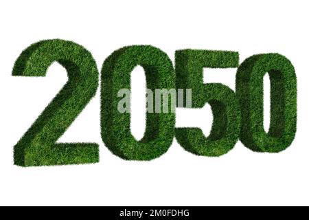 Zahlen 2050 aus Gras. Ein Symbol für nachhaltige Entwicklung und den vollständigen Übergang zu erneuerbaren Energien bis zum Jahr 2050. Stockfoto