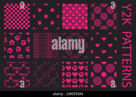 Psychedelinsäure Y2K Nahtloses Muster-Set. Trendiger Hintergrund mit Lächeln im trendigen 90s-Stil auf transparentem Hintergrund Stock Vektor