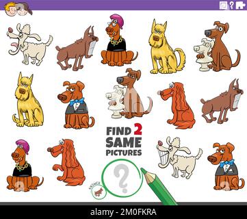 Cartoon Illustration der Suche nach zwei gleichen Bildern pädagogische Aufgabe mit Comic-Hunde Tierfiguren Stock Vektor