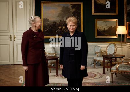 Die litauische Präsidentin Dalia Grybauskaite wurde am Dienstag während seines offiziellen Besuchs in Dänemark von Königin Margrethe II in Amalienborg empfangen. (Finn Frandsen / POLFOTO) Stockfoto