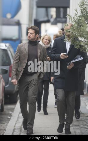 Der Schauspieler Gerard Butler, der in Kopenhagen zur Modewoche in Kopenhagen am 5.. Februar 2016 gesehen wurde. Stockfoto