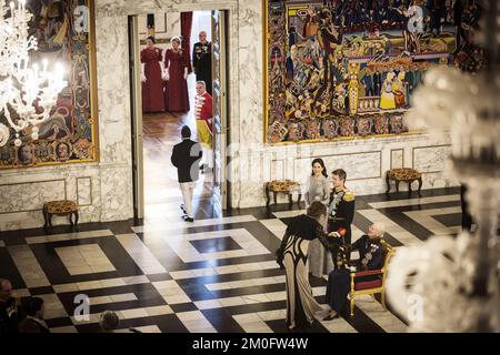 Kronprinzessin Mary, Kronprinz Frederik und Königin Margrethe II. Von Dänemark nehmen an einem Neujahrsempfang für das diplomatische Korps im Schloss Christiansborg Teil. Stockfoto