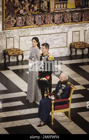 Kronprinzessin Mary, Kronprinz Frederik und Königin Margrethe II. Von Dänemark nehmen an einem Neujahrsempfang für das diplomatische Korps im Schloss Christiansborg Teil. Stockfoto