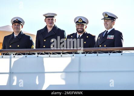 Kronprinz Frederik nimmt an der 200.. Jubiläumsfeier der nordjutlandischen Stadt Frederikshavn als Handelsstadt Teil. Der Kronprinz kam am königlichen Schiff Dannebrog an und wurde von den Stadtbewohnern sowie Bürgermeister Birgit S. Hansen begrüßt Stockfoto