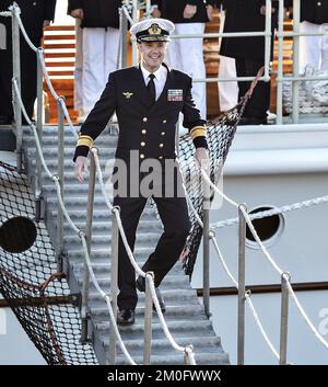 Kronprinz Frederik nimmt an der 200.. Jubiläumsfeier der nordjutlandischen Stadt Frederikshavn als Handelsstadt Teil. Der Kronprinz kam am königlichen Schiff Dannebrog an und wurde von den Stadtbewohnern sowie Bürgermeister Birgit S. Hansen begrüßt Stockfoto