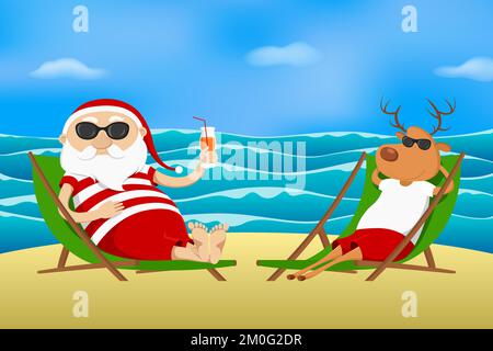 Weihnachtsmann und Rentier im Urlaub. Vektordarstellung. Stock Vektor