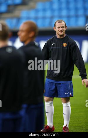Der Spieler Wayne Rooney von Manchester United wird am Montag, den 29. September 2008 in Aalborg, Dänemark, vor dem Champions League-Spiel zwischen Manchester United und der dänischen Mannschaft AAB am Dienstag in Aalborg gesehen. (AP Photo/POLFOTO, Mick Anderson) ** DÄNEMARK AUS ** Stockfoto