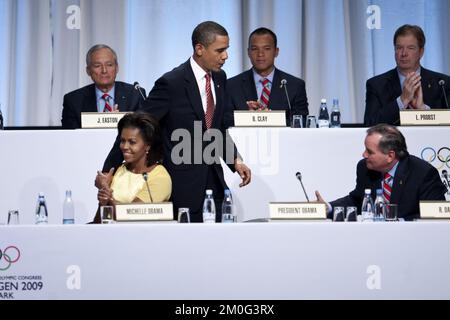 Barack und Michelle Obama im Bella Center in Kopenhagen bei der Präsentation des Angebots der Stadt Chicago für die Olympischen Spiele 2016 Stockfoto