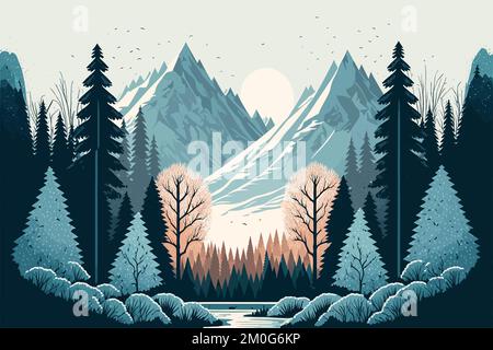 Ein Vektor einer wunderschönen Landschaft eines Waldes mit Bergen im Hintergrund und Vögeln am Himmel Stock Vektor