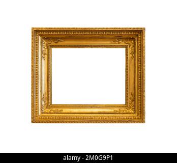 Rechteckiger vergoldeter, leerer Holzrahmen isoliert auf weißem Hintergrund, Vorlagenfoto auf der Vorderseite mit leerem Kopierbereich Stockfoto