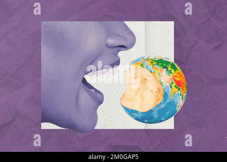Collage Foto von menschlichem Mund offen wollen essen wie Apfel Planet Erde Katastrophe verwenden Ressourcen retten Welt isoliert auf violettem Hintergrund Stockfoto