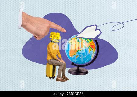 Collagenfoto von kopflosen gerbera junger Mann Reisegepäck Wartepapier Flugzeug Finger Point Globus New Continent Trip isoliert auf blauem Hintergrund Stockfoto