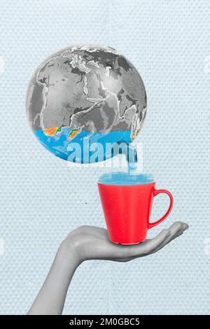Collage Fotokonzept Planet Earth Pipe Flüssigkeitsstrom im Becher Mangel an Trinkwasser Umweltproblem isoliert auf lackiertem Hintergrund Stockfoto
