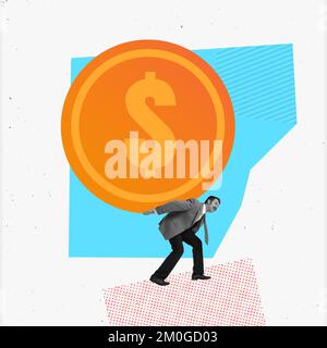 Ein müder Geschäftsmann, der auf einer riesigen Dollar-Münze rumträgt. Collage für zeitgenössische Kunst. Erträge, Einlagen, Kapitalanlagen und Börsen. Minimalismus Stockfoto