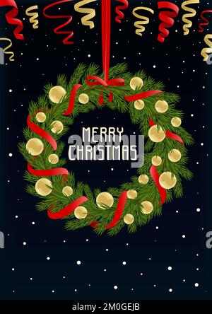 Fröhliche Weihnachtskarte mit Tannenkranz. Vektordarstellung. Stock Vektor