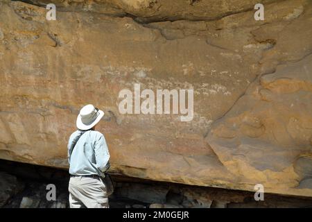 Archäologe, der die Felskunst in Qohaito in Eritrea studiert Stockfoto