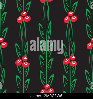 Nahtloser Vektor-Hintergrund für Beeren und Blätter mit nahtlosem Muster. Festliche Kulisse im handgezeichneten Stil. Auf schwarzem Hintergrund. Winterbeeren und Stock Vektor