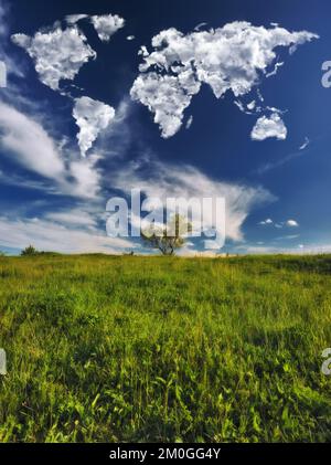 Wolken in Form einer Weltkarte über einer malerischen Wiese. Reise- und Landschaftskonzept. Frühlingswiese Stockfoto