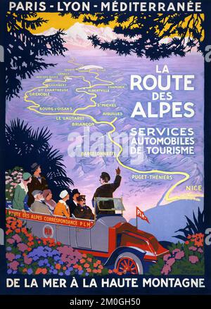 La Routen des Alpes von Roger Broders (1883-1953). Poster wurde 1920 in Frankreich veröffentlicht. Stockfoto